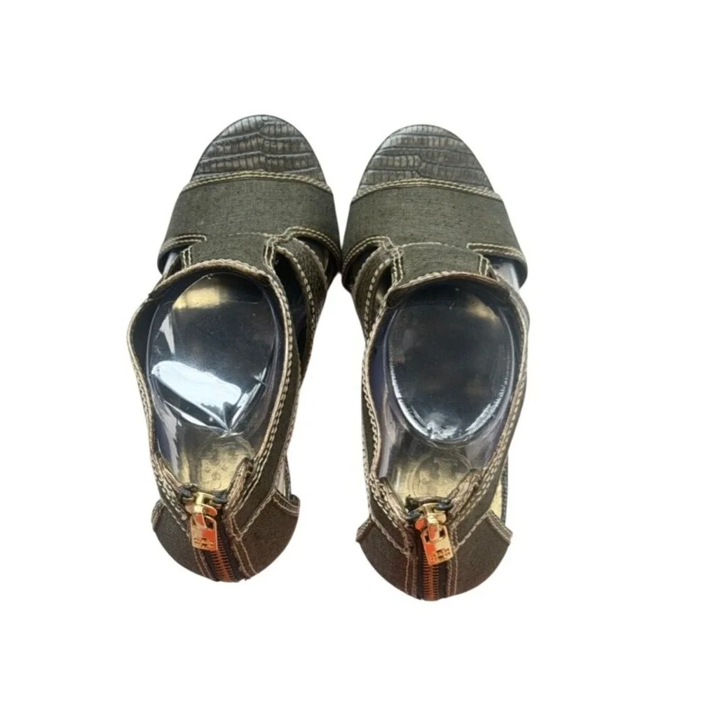 Tory Burch Edgy Statement High Heel Sandals Olive Green and Gold Size‎ 8
